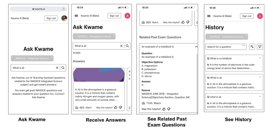 Screenshots of the Kwame app (Ask Kwame) feature